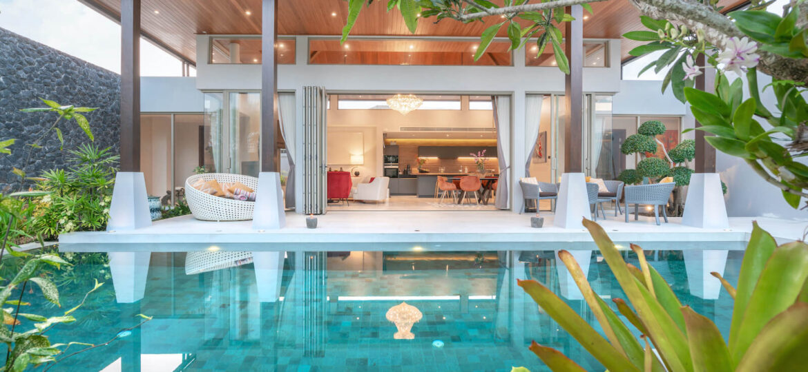 home or house building Exterior and interior design showing tropical pool villa with green garden