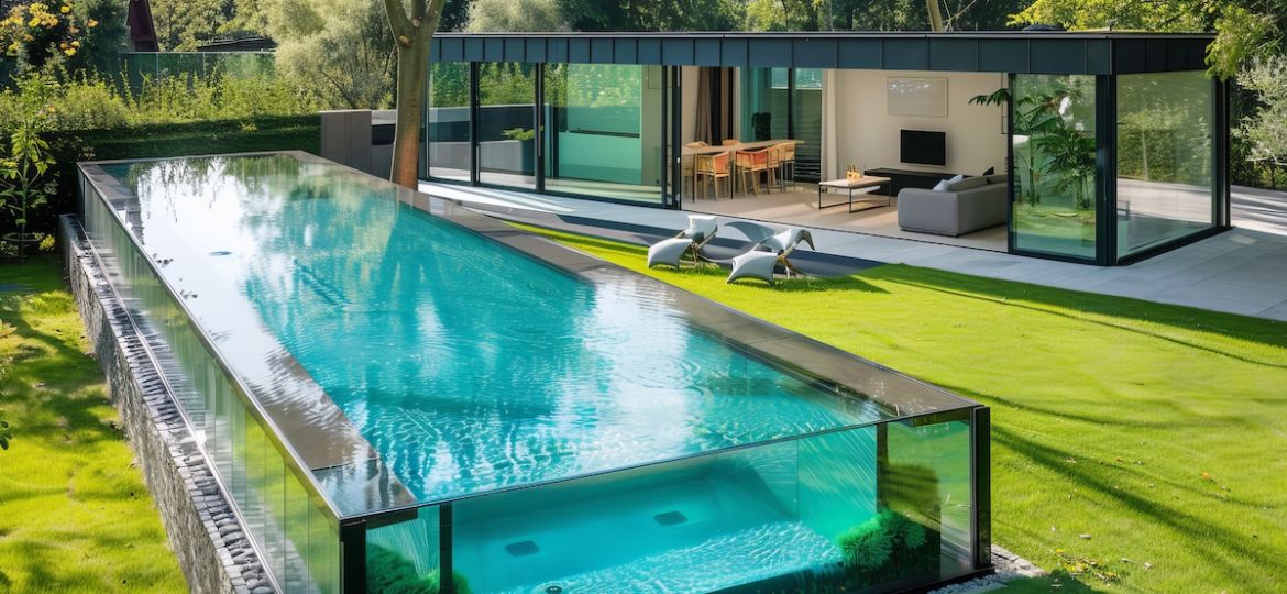 Modern swimming pool covered with glass panels beside a green lawn garden including trees and chairs