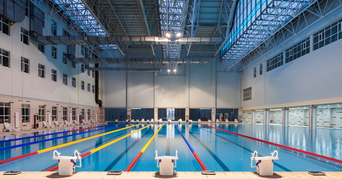 Pool ventilation at indoor natatorium pool with AOP air quality.