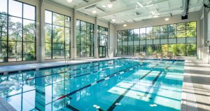 Commercial indoor pool facility with lap lanes and clean deck, illustrating commercial pool maintenance, AOP pool water and daily operations.