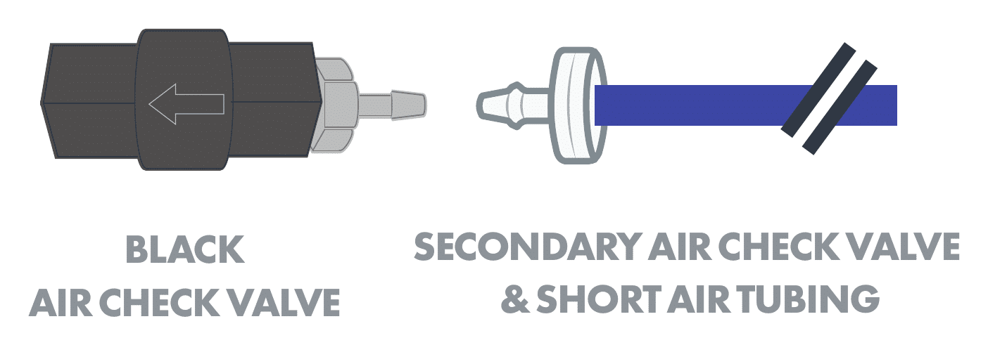 Black air check valve, secondary air check valve, and short air tubing included in the replacement kit